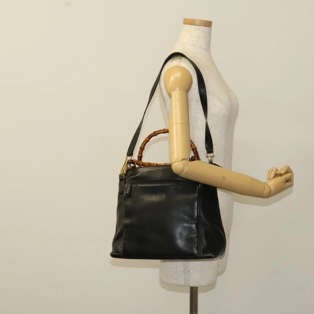GUCCI Bamboo Hand Bag Leather 2way Black Gold - Picture 1 of 16